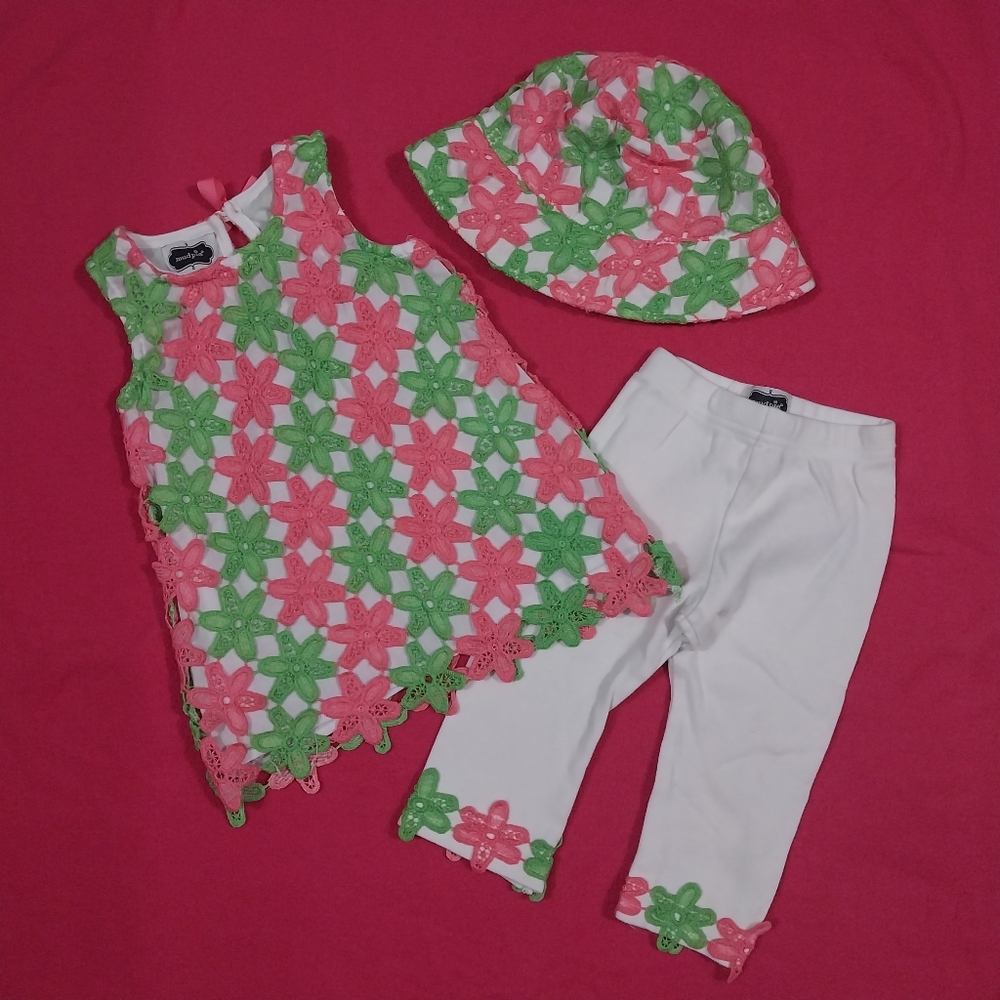 Mud Pie Baby Girl 2T Clothes Summer Pink Green Girls Flower Toddler Outfit